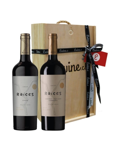 Pack Caja de Madera 2 Vinos Raíces Gran Reserva, Viña Las Pitras