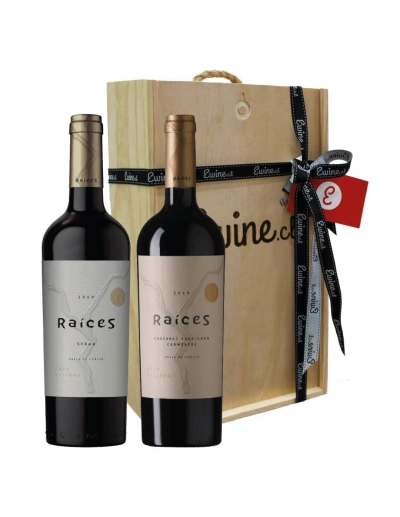 Pack Caja de Madera 2 Vinos Raíces Gran Reserva, Viña Las Pitras