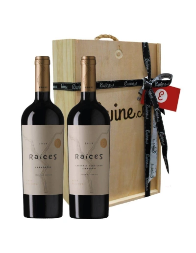 Pack Caja de Madera 2 Vinos Cab/Car y Carmenere Raíces Gran Reserva, Viña Las Pitras