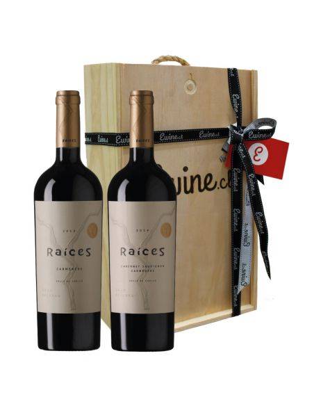 Pack Caja de Madera 2 Vinos Cab/Car y Carmenere Raíces Gran Reserva, Viña Las Pitras