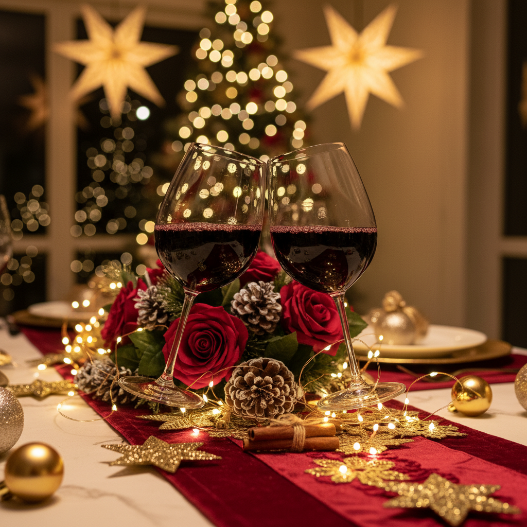 Brindis festivo con copas de vino en mesa decorada para Navidad y Año Nuevo