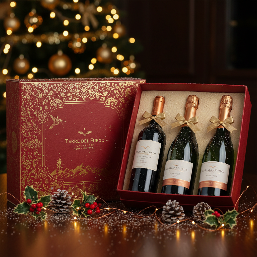 Packs de vino en cajas decorativas navideñas con variedad de botellas