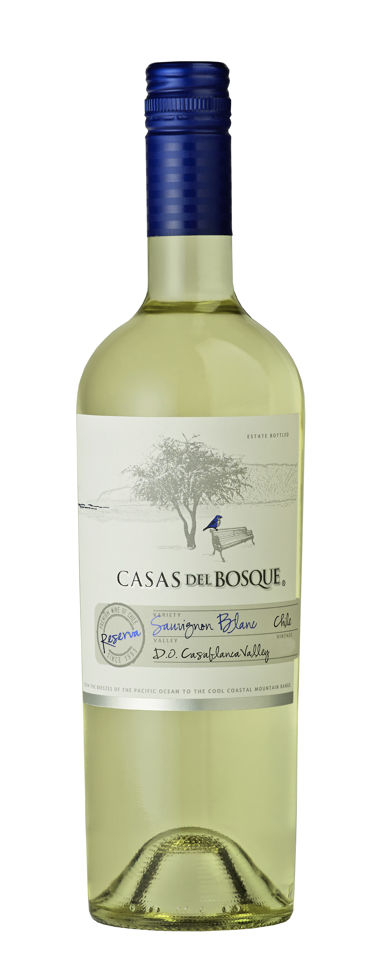 Botella de Casas del Bosque Sauvignon Blanc Reserva, vino blanco chileno del Valle de Casablanca