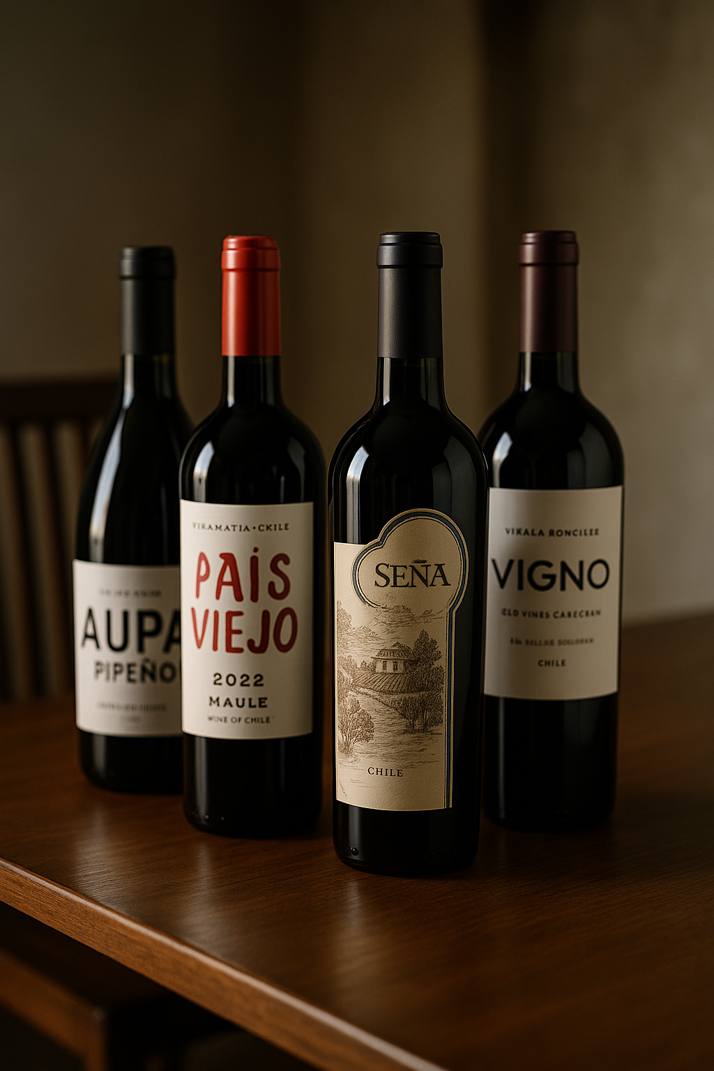 Selección de botellas de vino de pequeños productores chilenos sobre una mesa elegante