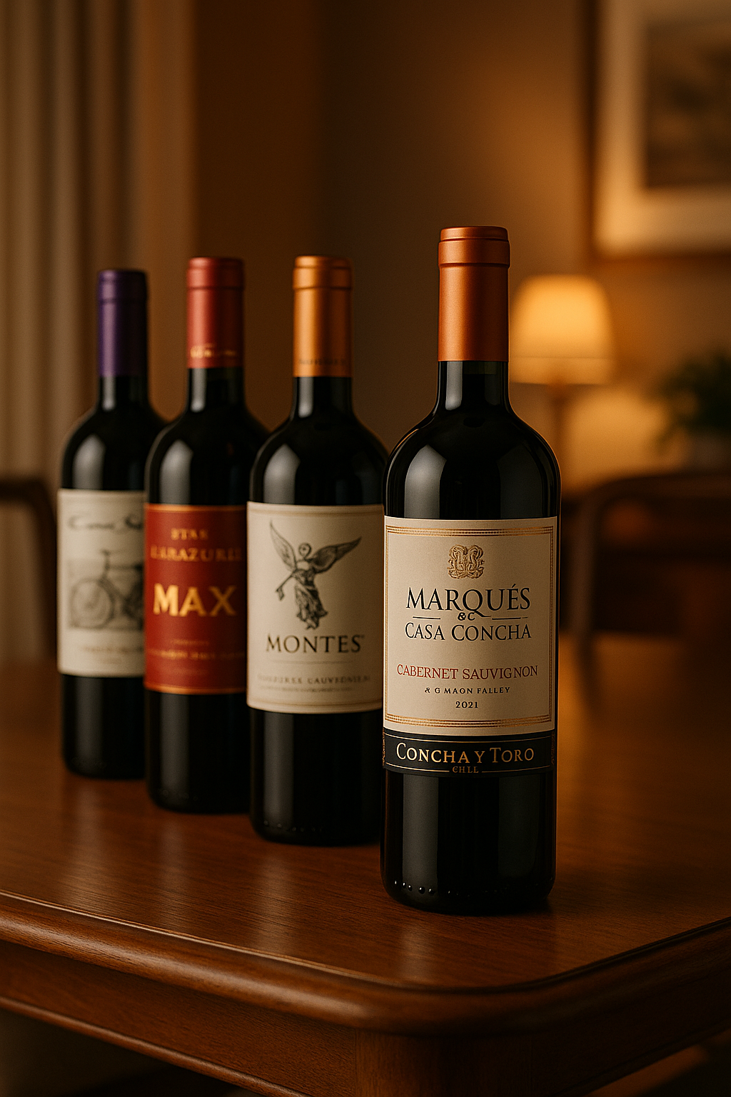 Selección de botellas de vino chileno sobre mesa elegante en ambiente acogedor