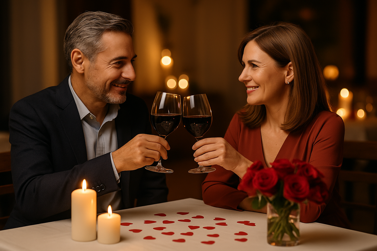 Pareja brindando con vino en una cena romántica para el Día de los Enamorados
