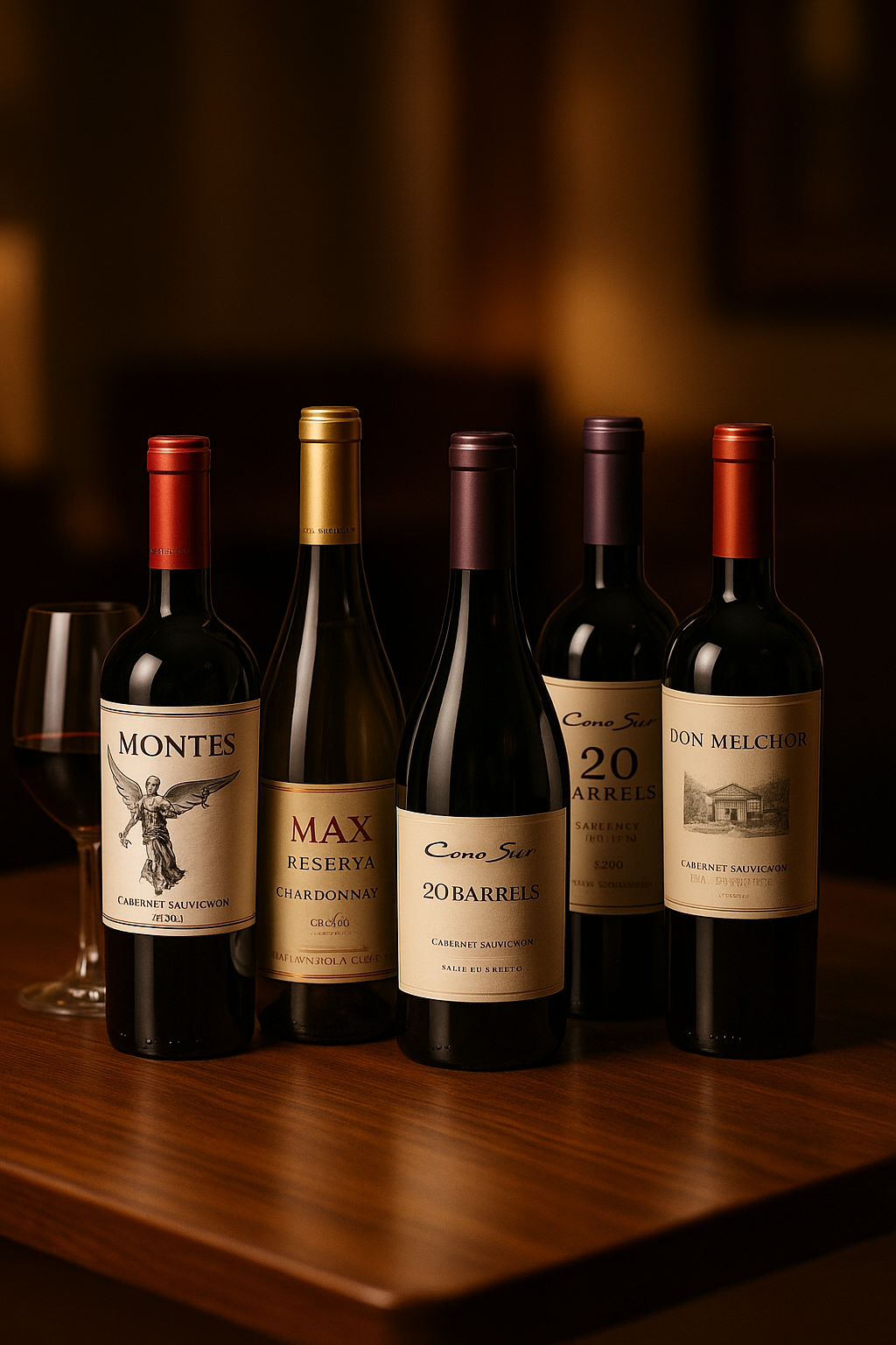 Selección de vinos tintos y blancos chilenos en ambiente elegante